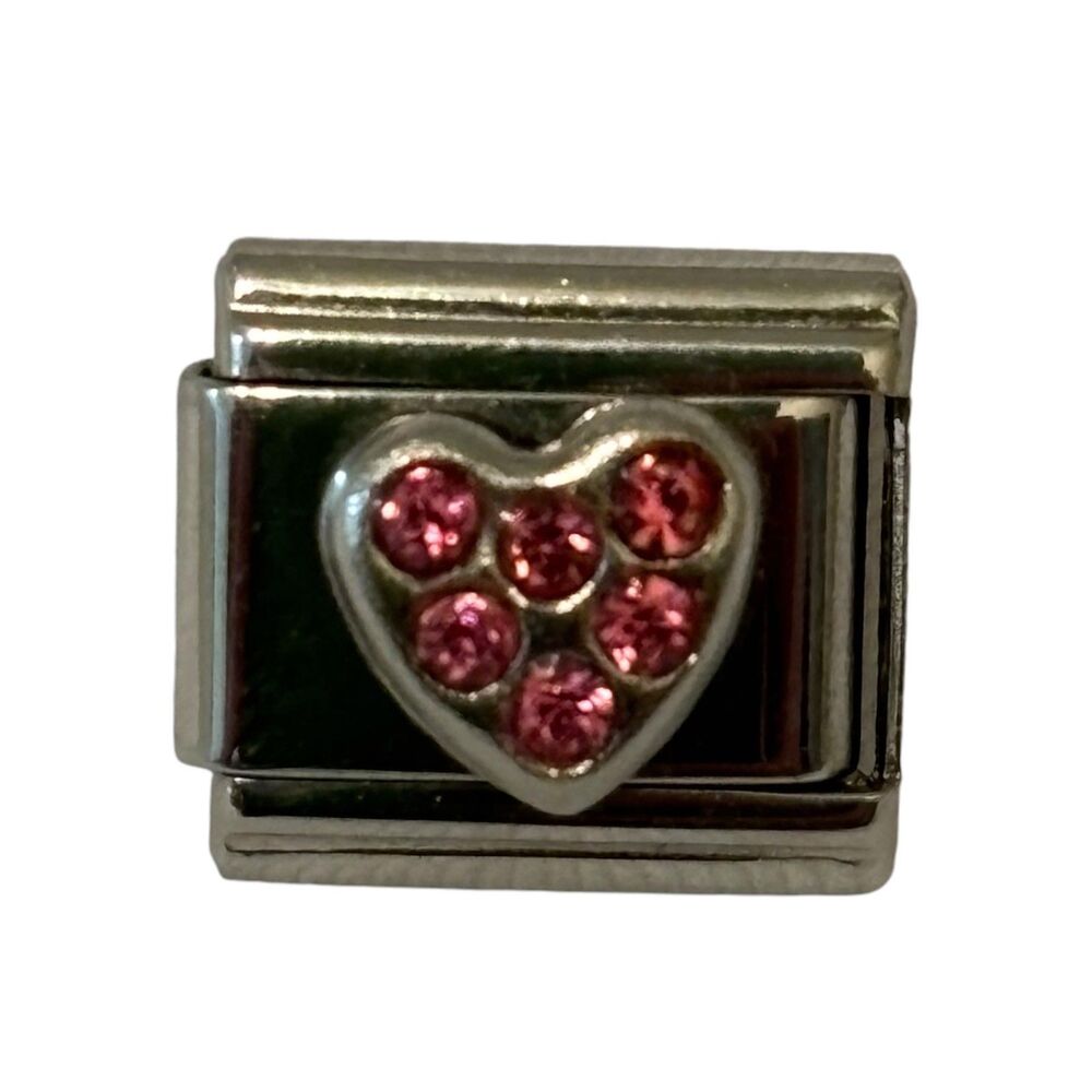Italian Charm Bracelet Pink Rhinestone Heart Charm Silver